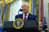 President Donald Trump speaks during a Mexican Border Defense Medal presentation in the Oval Office of the White House, Monday, Dec. 15, 2025, in Washington. (AP Photo/Alex Brandon)