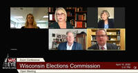 Members of the Wisconsin Elections Commission appear in a teleconference meeting on April 10, 2020. Clockwise from left are Administrator Meagan Wolfe, commissioners Ann Jacobs, Marge Bostelmann, Dean Knudson and Mark Thomsen. Commission member Robert “Bob” Spindell Jr. joined by phone, and commissioner Julie Glancey was off screen. Wisconsin Elections Commission via WisEye