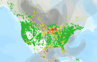 Smoke from wildfires in western Canada led to air quality warnings across parts of the northern U.S. on May 13, 2024. Red dots indicate unhealthy air, orange is unhealthy for sensitive groups, and yellow indicates moderate risk. AirNow.gov