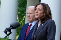 FILE - President Joe Biden listens as Vice President Kamala Harris speaks in the Rose Garden of the White House in Washington, May 13, 2024. With Biden ending his reelection bid and endorsing Harris, Democrats now must navigate a shift that is unprecedented this late in an election year. Democrats are set to hold their convention in Chicago in August. (AP Photo/Susan Walsh, File)