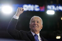 President Joe Biden speaks during the first day of Democratic National Convention, Monday, Aug. 19, 2024, in Chicago. (AP Photo/Jacquelyn Martin)