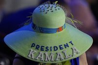 A woman wears a Kamala Harris hat during the Democratic National Convention Wednesday, Aug. 21, 2024, in Chicago. (AP Photo/Charles Rex Arbogast)