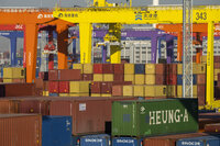 FILE - Shipping containers are stacked at a port in Tianjin, China, Monday, Jan. 16, 2023. (AP Photo/Mark Schiefelbein, File)