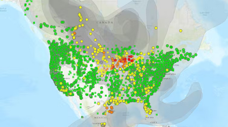 Smoke from wildfires in western Canada led to air quality warnings across parts of the northern U.S. on May 13, 2024. Red dots indicate unhealthy air, orange is unhealthy for sensitive groups, and yellow indicates moderate risk. AirNow.gov