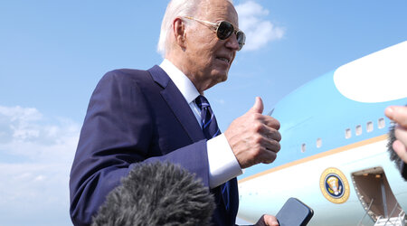 President Joe Biden speaks with reporters at Andrews Air Force Base, Md., Monday, July 15, 2024. as he heads to Las Vegas. (AP Photo/Susan Walsh)