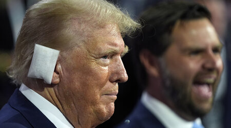 Republican presidential candidate former President Donald Trump and Republican vice presidential candidate Sen. JD Vance, R-Ohio, attend the first day of the Republican National Convention, Monday, July 15, 2024, in Milwaukee. (AP Photo/Evan Vucci)