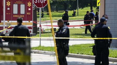 Police investigate a shooting near King Park during the second day of the 2024 Republican National Convention, Tuesday, July 16, 2024, in Milwaukee. The shooting occurred outside of the security perimeter for the Republican National Convention. (AP Photo/Alex Brandon)