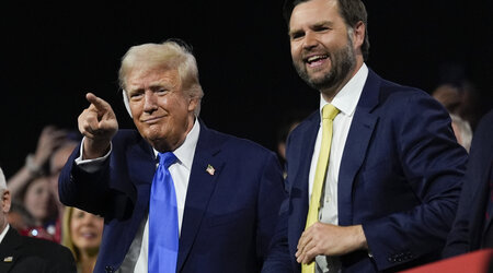 Republican presidential candidate former President Donald Trump and Republican vice presidential candidate Sen. JD Vance, R-Ohio, attend the 2024 Republican National Convention at the Fiserv Forum, Tuesday, July 16, 2024, in Milwaukee. (AP Photo/Carolyn Kaster)