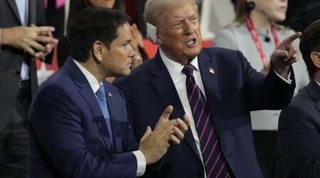 Republican presidential candidate former President Donald Trump talks to Sen. Marco Rubio during the Republican National Convention Wednesday, July 17, 2024, in Milwaukee. (AP Photo/Charles Rex Arbogast)