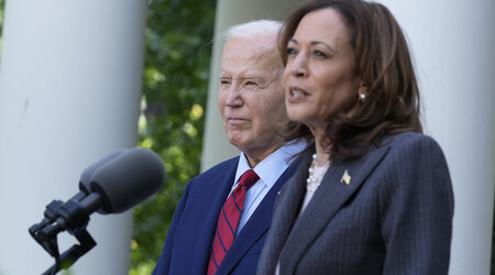 FILE - President Joe Biden listens as Vice President Kamala Harris speaks in the Rose Garden of the White House in Washington, May 13, 2024. With Biden ending his reelection bid and endorsing Harris, Democrats now must navigate a shift that is unprecedented this late in an election year. Democrats are set to hold their convention in Chicago in August. (AP Photo/Susan Walsh, File)