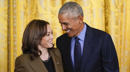 FILE - Former President Barack Obama talks with Vice President Kamala Harris during an event about the Affordable Care Act, in the East Room of the White House in Washington, April 5, 2022. Former President Barack Obama and former first lady Michelle Obama have endorsed Kamala Harris in her White House bid, giving the vice president the expected but still crucial backing of the nation’s two most popular Democrats. (AP Photo/Carolyn Kaster, File)