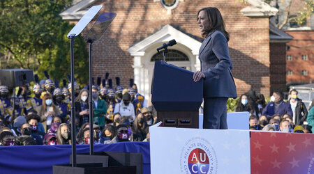 FILE - Vice President Kamala Harris speaks, Jan. 11, 2022, in Atlanta. With President Joe Biden having bowed out of the presidential race and endorsing Harris, their party is suddenly eyeing an expanding map, betting that a new burst of energy and fundraising surge has helped make Georgia, the state that delivered Biden his narrowest victory margin in 2020, a toss-up again. Harris is planning a show of political force on Tuesday, July 30, 2024, in Atlanta, the latest example of just how much the presidentia