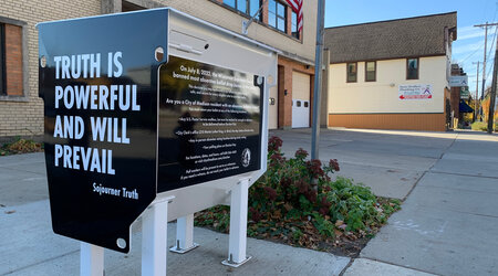 A ballot drop box is seen in 2022 outside a Madison Fire Department station at 1217 Williamson St. in Madison, Wis. (Matt Mencarini / Wisconsin Watch)