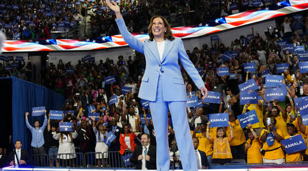 FILE - Vice President Kamala Harris waves during a campaign rally, July 30, 2024, in Atlanta. (AP Photo/John Bazemore, File)