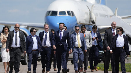 Republican vice presidential nominee Sen. JD Vance, R-Ohio, walks back from looking at Air Force Two at Chippewa Valley Regional Airport, Wednesday, Aug. 7, 2024, in Eau Claire, Wis. (AP Photo/Alex Brandon)