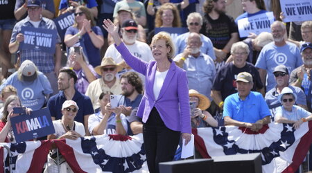 Sen. Tammy Baldwin, D-Wisc., waves to the crowd before Democratic presidential nominee Vice President Kamala Harris, delivers remarks at a campaign event, Wednesday, Aug. 7, 2024, in Eau Claire, Wisc. (AP Photo/Charles Rex Arbogast)