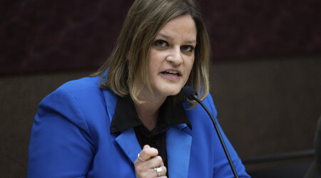 Rep. Katrina Shankland attends a candidate's forum at the University of Wisconsin La Crosse campus on Wednesday, May 1, 2024 in La Crosse, Wis. (Saskia Hatvany/La Crosse Tribune via AP)