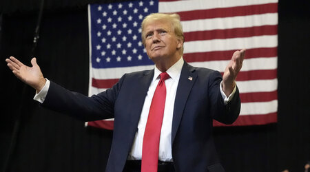 Republican presidential nominee former President Donald Trump arrives to speak at a campaign rally in Bozeman, Mont., Friday, Aug. 9, 2024. (AP Photo/Rick Bowmer)