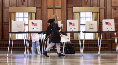 FILE - Voters in the state's presidential primary election register their votes at UW-Madison's Memorial Union in Madison, Wis., April 2, 2024. (AP Photo/John Hart, Wisconsin State Journal, File)