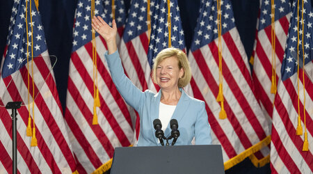 FILE - Sen. Tammy Baldwin, D-Wis.,speaks during a campaign event for Vice President Kamala Harris at West Allis Central High School, July 23, 2024, in West Allis, Wis. (AP Photo/Kayla Wolf, File)