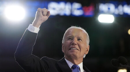 President Joe Biden speaks during the first day of Democratic National Convention, Monday, Aug. 19, 2024, in Chicago. (AP Photo/Jacquelyn Martin)