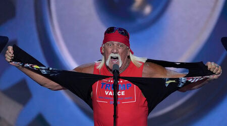 FILE - Hulk Hogan tears off his shirt while speaking on the final night of the Republican National Convention on Thursday, July 18, 2024, in Milwaukee. (AP Photo/J. Scott Applewhite, File)