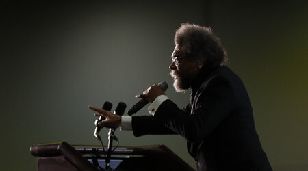 FILE - Cornel West speaks at a campaign rally for Sen. Bernie Sanders, I-Vt., in Detroit, March 6, 2020. (AP Photo/Paul Sancya, File)