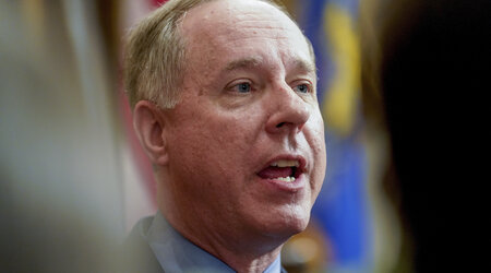 FILE - Wisconsin's Republican Assembly Speaker Robin Vos talks to reporters at the state Capitol, Feb. 15, 2022, in Madison, Wis. (AP Photo/Andy Manis, File)