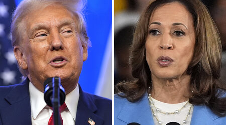 This combination photo shows Republican presidential nominee former President Donald Trump at an event, Aug. 15, 2024, in Bedminster, N.J., left, and Democratic presidential nominee Vice President Kamala Harris at a campaign event in Raleigh, N.C., Aug. 16, 2024. (AP Photo)