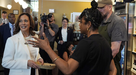 Democratic presidential nominee Vice President Kamala Harris talks during a stop at Dottie's Market in Savannah, Ga., Thursday, Aug. 29, 2024. (AP Photo/Jacquelyn Martin)