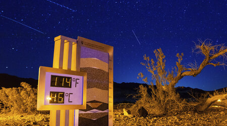 FILE - A long exposure image shows the recorded temperature on a thermostat at the Furnace Creek Visitors Center, after 10:00 p.m. July 7, 2024, in Death Valley National Park, Calif. (AP Photo/Ty ONeil, File)