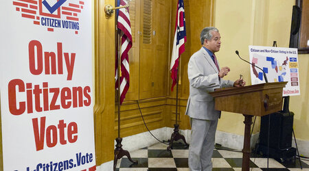 FILE - Luis Gil, a Republican candidate for Franklin County Commissioner in central Ohio, speaks in favor of a constitutional amendment on fall ballots that would prohibit noncitizen voting at the Ohio Statehouse in Columbus, Ohio, on, Oct. 6, 2022. (AP Photo/Julie Carr Smyth, File)