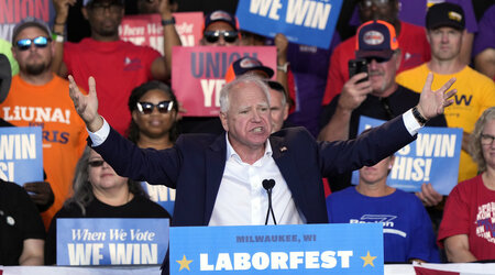 Democratic vice presidential nominee Minnesota Gov. Tim Walz speaks during a campaign stop at Laborfest Monday, Sept. 2, 2024, in Milwaukee. (AP Photo/Morry Gash)