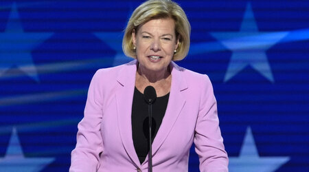 FILE - Sen. Tammy Baldwin, D-Wis., speaks during the Democratic National Convention Thursday, Aug. 22, 2024, in Chicago. (AP Photo/J. Scott Applewhite, File)