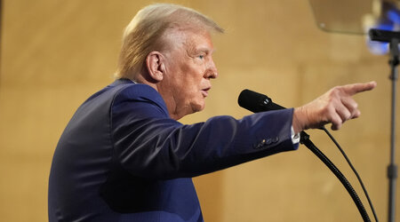 Republican presidential nominee former President Donald Trump responds to questions during a campaign event at the Economic Club of New York, Thursday, Sept. 5, 2024, in New York. (AP Photo/Alex Brandon)