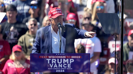 Republican presidential nominee former President Donald Trump speaks during a campaign event at Central Wisconsin Airport, Saturday, Sept. 7, 2024, in Mosinee, Wis. (AP Photo/Morry Gash)