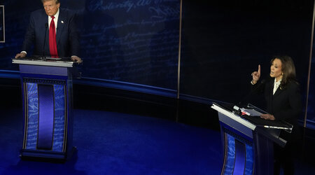 Republican presidential nominee former President Donald Trump and Democratic presidential nominee Vice President Kamala Harris participate during an ABC News presidential debate at the National Constitution Center, Tuesday, Sept.10, 2024, in Philadelphia. (AP Photo/Alex Brandon)