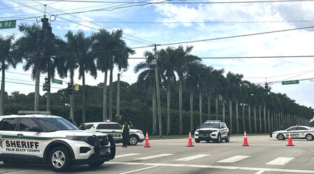 Sheriff vehicles are pictured near Trump International Golf Club, Sunday. Sept. 15, 2024, in West Palm Beach, Fla., after gunshots were reported in the vicinity of Republican presidential candidate former President Donald Trump. (AP Photo/Stephanie Matat)