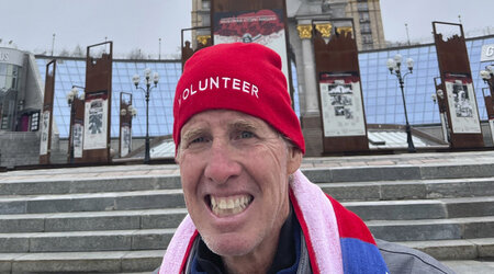 This photo provided by Hédi Aouidj shows Ryan Routh, a suspect in the apparent assassination attempt of Republican presidential nominee and former President Donald Trump, in Maidan, Ukraine on April 10, 2024. (Hédi Aouidj via AP)