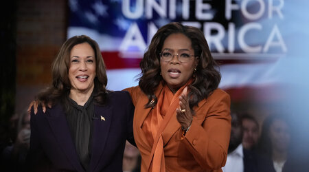 Democratic presidential nominee Vice President Kamala Harris joins Oprah Winfrey at Oprah's Unite for America Live Streaming event Thursday, Sept. 19, 2024 in Farmington Hills, Mich. (AP Photo/Paul Sancya)