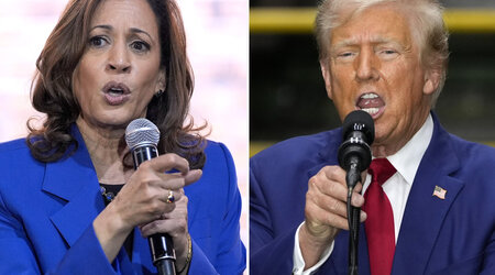 In this combination of photos taken in Pennsylvania, Democratic presidential nominee Vice President Kamala Harris speaks at a campaign event, Aug. 18, 2024, in Rochester, left, and Republican presidential nominee former President Donald Trump speaks during a campaign event, Aug. 19, 2024, in York. (AP Photo)