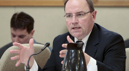 FILE - Then-Wisconsin state Sen. Tom Tiffany, R-Hazelhurst, speaks at the State Capitol in Madison, Wis. on May 29, 2015. (Michael P. King/Wisconsin State Journal via AP, File)