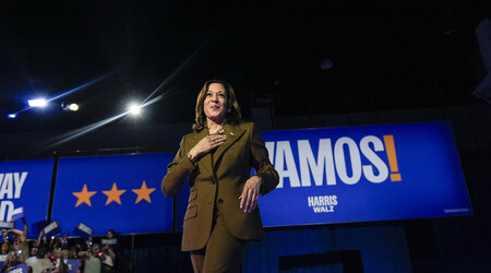 Democratic presidential nominee Vice President Kamala Harris arrives to speak at a rally on Sunday, Sept. 29, 2024, in Las Vegas. (AP Photo/Carolyn Kaster)