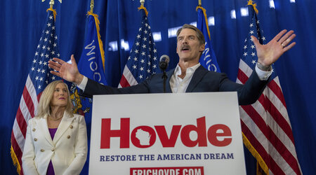 FILE - Eric Hovde, a Republican businessman and real estate mogul launched, announces he is running for U.S. Senate against Wisconsin Democratic incumbent Sen. Tammy Baldwin, Feb. 20, 2024, in Madison, Wis. (Mark Hoffman=wimil