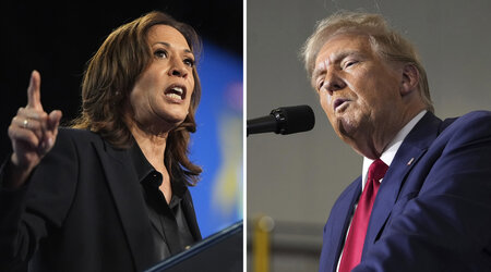 This combination photo shows Democratic presidential nominee Vice President Kamala Harris at a rally in Flint, Mich., Oct. 4, 2024, left, and Republican presidential nominee former President Donald Trump at a campaign rally in Walker, Mich., Sept. 27, 2024. (AP Photo)