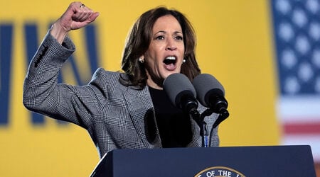 Democratic presidential nominee Vice President Kamala Harris speaks at a campaign event in Burns Park Monday, Oct. 28, 2024, in Ann Arbor, Mich. (AP Photo/Paul Sancya)