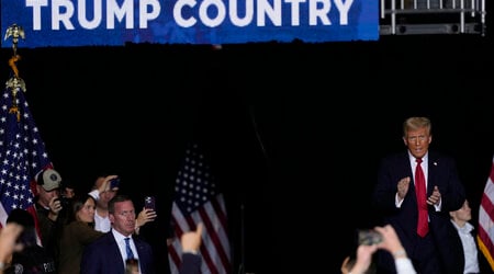 Republican presidential nominee former President Donald Trump arrives at a campaign event Friday, Nov. 1, 2024, in Milwaukee. (AP Photo/Morry Gash)