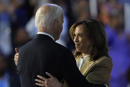 Democratic presidential nominee Vice President Kamala Harris hugs President Biden during the Democratic National Convention Monday, Aug. 19, 2024, in Chicago. (AP Photo/Charles Rex Arbogast)