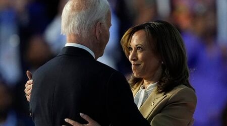 Democratic presidential nominee Vice President Kamala Harris hugs President Biden during the Democratic National Convention Monday, Aug. 19, 2024, in Chicago. (AP Photo/Charles Rex Arbogast)