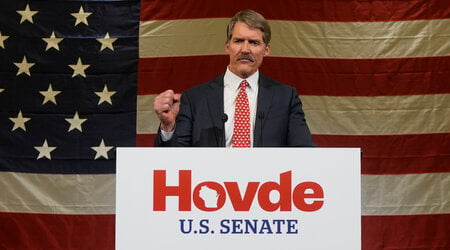 Republican Senate candidate Eric Hovde speaks at his election night party Wednesday, Nov. 6, 2024, in Madison, Wis. (AP Photo/Morry Gash)